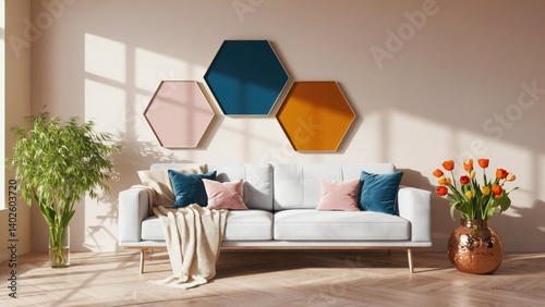 Obraz na płótnie Vibrant modern living room with geometric artwork, sunlight streaming in. A minimalist space with textured walls and decorative pillows on a contemporary sofa. w salonie