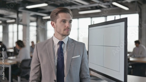 Obraz na płótnie A confident young professional in a suit at a presentation w salonie