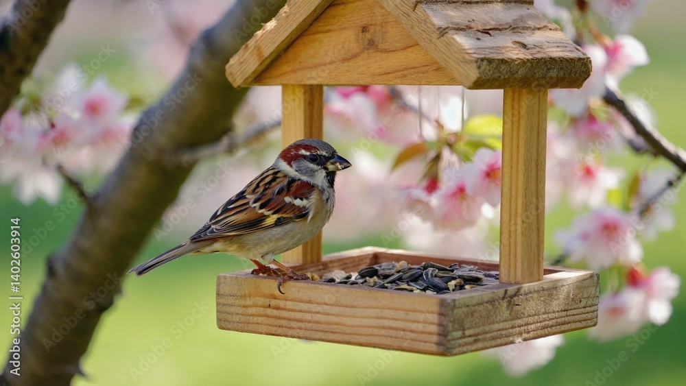 Bird feeder with birds inside, surrounded by blooming pink flowers and green grass.