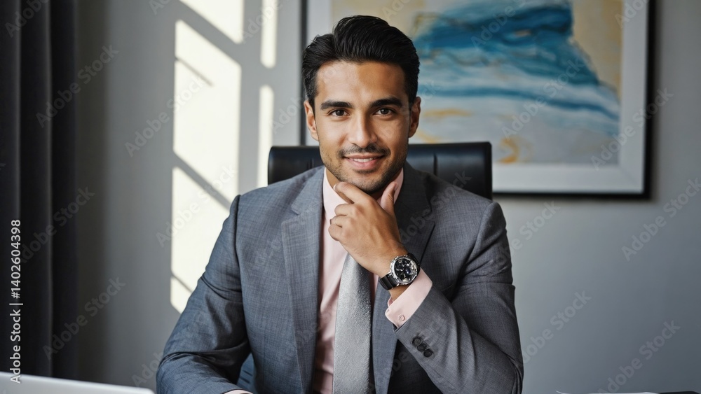 Young male entrepreneur smiling at camera in modern office with hands on desk. Posing confidently for business photo.