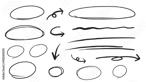手描きの囲み丸や下線や矢印ベクター
