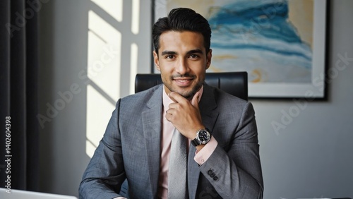 Obraz na płótnie Young male entrepreneur smiling at camera in modern office with hands on desk. Posing confidently for business photo. w salonie