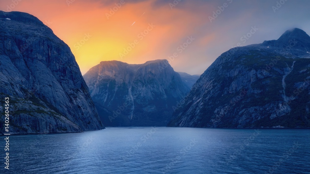 Breathtaking view of mountain lake at sunrise with misty peaks and clear sky. Unique perspective overlooking deep blue water between stone cliffs.