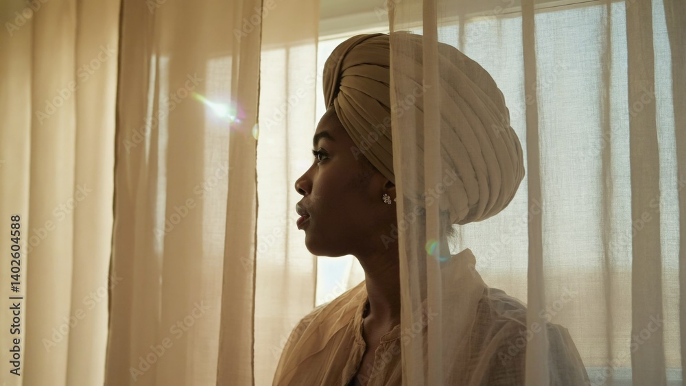 Young woman looking out window with wrapped head, contemplating morning or reflecting light on her face. Sunday morning relaxation scene.