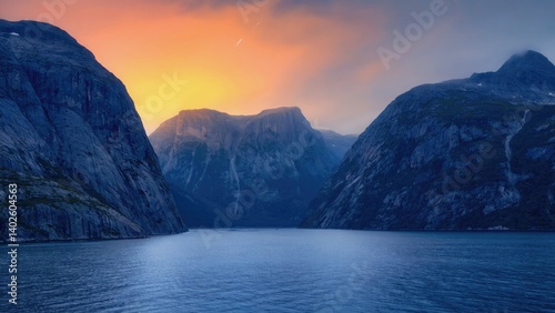 Obraz na płótnie Breathtaking view of mountain lake at sunrise with misty peaks and clear sky. Unique perspective overlooking deep blue water between stone cliffs. w salonie