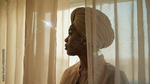 Obraz na płótnie Young woman looking out window with wrapped head, contemplating morning or reflecting light on her face. Sunday morning relaxation scene. w salonie