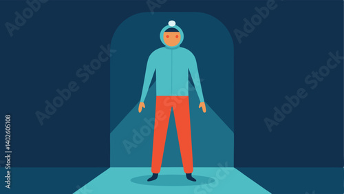 Persons Stance A person stands inside the chamber wearing lightweight thermal clothing. Their body posture is relaxed with arms slightly raised indicating comfort.