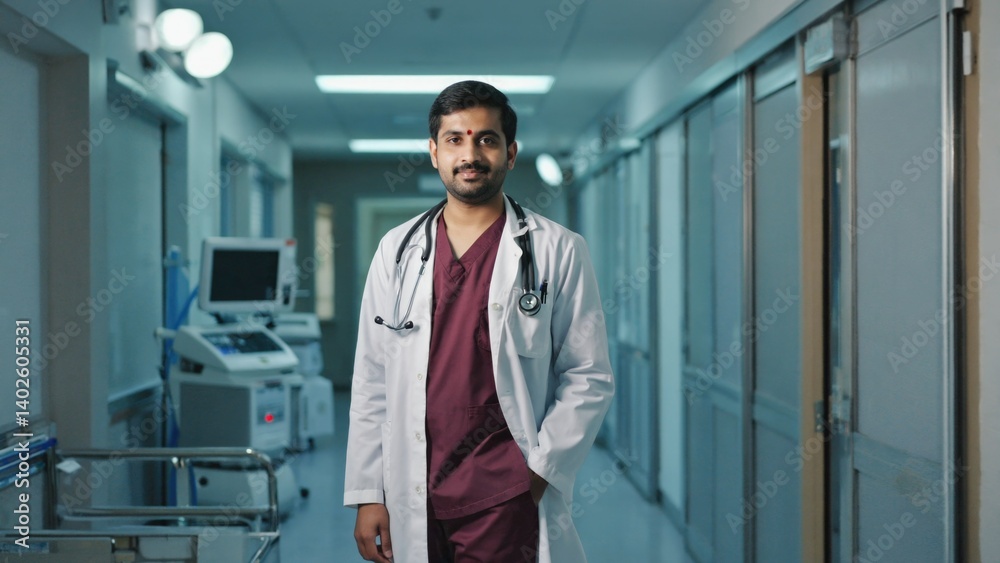 A doctor stands in the corridor of a hospital, dressed professionally, ready to attend to his duties.
