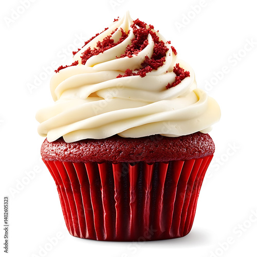 A freshly baked red velvet cupcake with a deep red sponge, smooth cream cheese frosting, and slightly domed top