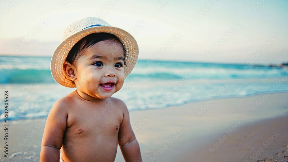 Happy baby on the beach at sunset with a straw hat.