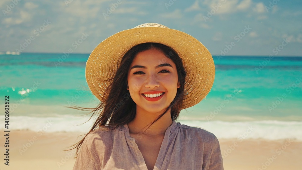 Young woman in a straw hat smiling at the camera on a tropical beach. She has sun-kissed skin and is wearing a light tan dress.