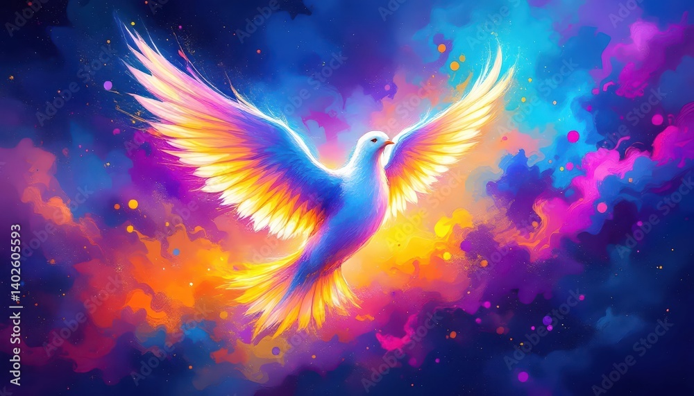 Fototapeta premium Vibrant Rainbow Dove Soaring in Colorful Clouds