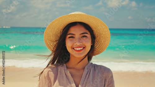 Obraz na płótnie Young woman in a straw hat smiling at the camera on a tropical beach. She has sun-kissed skin and is wearing a light tan dress. w salonie