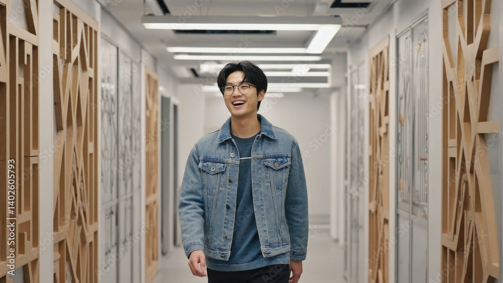 Young man wearing jean jacket in open modern office environment