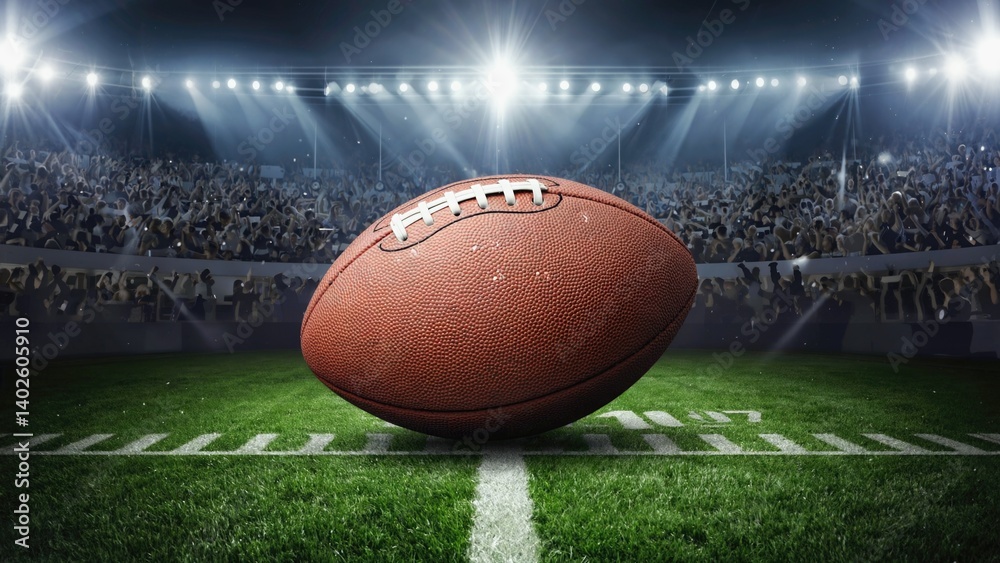 Image of American football on the field, with stadium lights in background.
