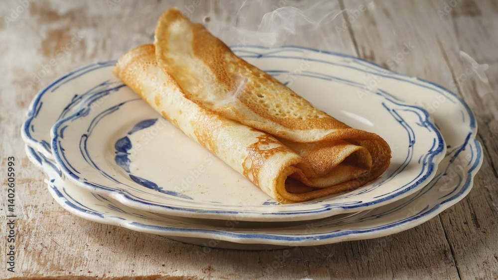 Delicious crepe with powdered sugar, served on a blue and white patterned plate.