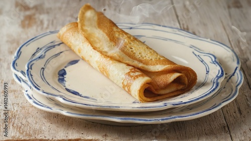 Obraz na płótnie Delicious crepe with powdered sugar, served on a blue and white patterned plate. w salonie