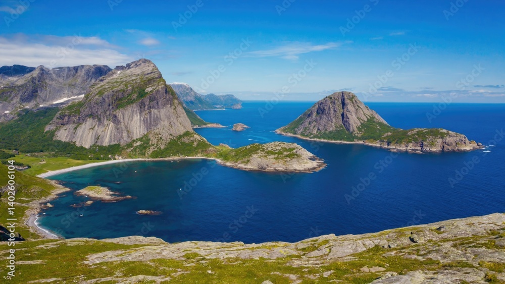 Landscape of steep cliffs overlooking tranquil azure water in a fjord.
