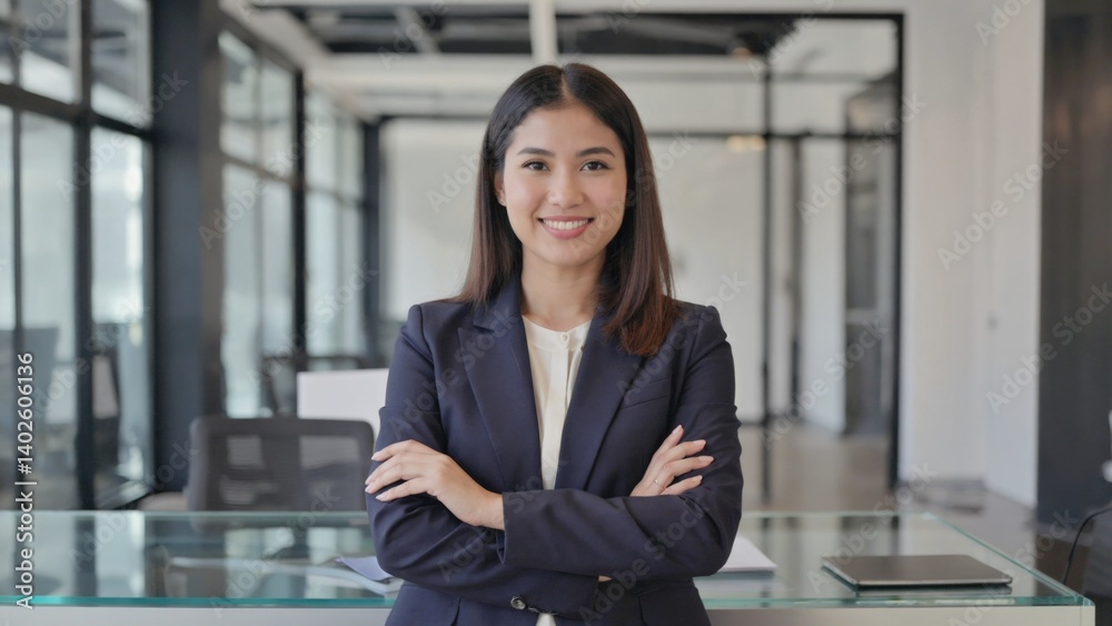 A young businesswoman with a confident smile, standing in an office setting.