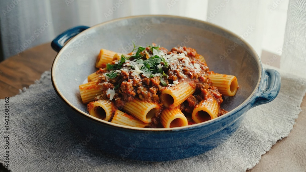 A close-up of homemade spaghetti casserole, garnished with cheese and herbs served in a blue bowl on a wooden table. Perfect for a cozy dinner at home.