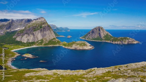 Obraz na płótnie Landscape of steep cliffs overlooking tranquil azure water in a fjord. w salonie