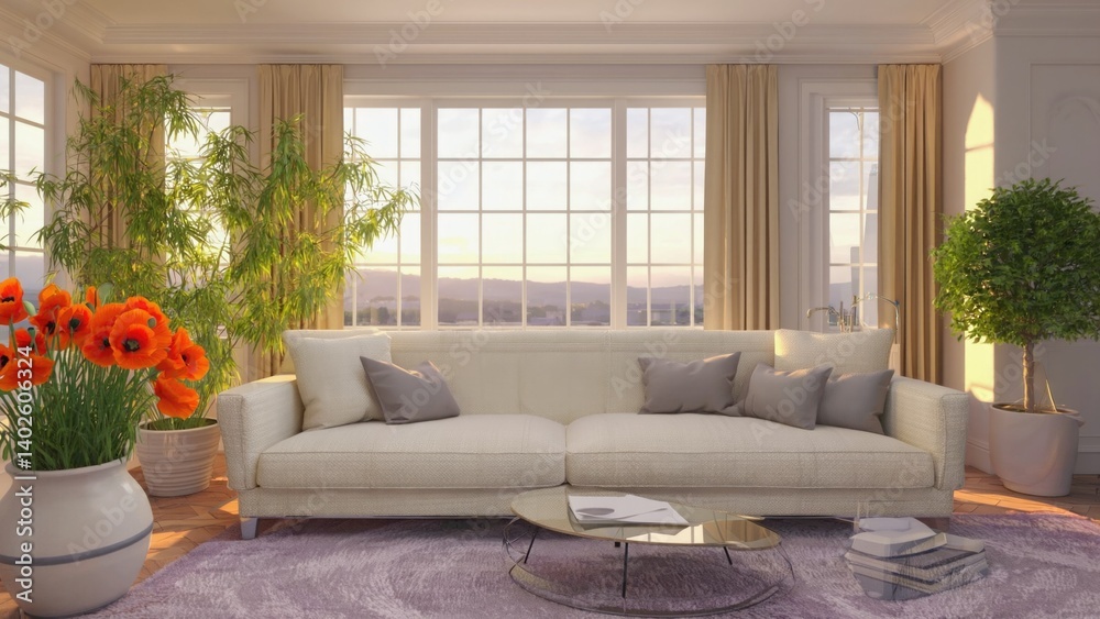 Furnished interior space with sunlit windows, elegant sofa and decorations.