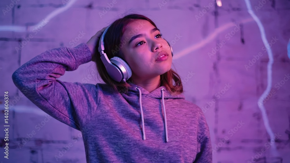 A young woman wearing modern headphones and listening to music, with a futuristic background. The image conveys a sense of contemporary lifestyle and tech-savvy attitude.