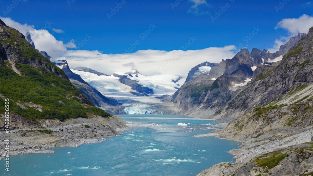Stunning view of mountains and glaciers in a national park. Tourism and outdoor adventure destination.