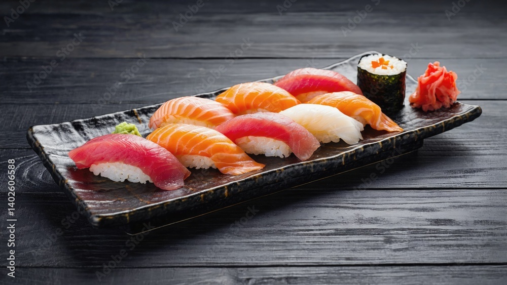 Fresh raw salmon sushi pieces served on a bento box tray, part of a Japanese cuisine meal. Presenting a healthy and gourmet food option.