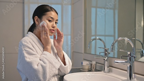 A woman using a facial wash at a sink, maintaining her personal hygiene.