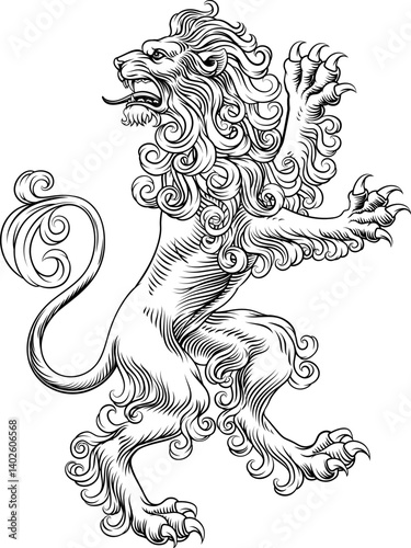 A heraldry coat of arms crest style rearing heraldic lion standing on hind legs in a vintage style