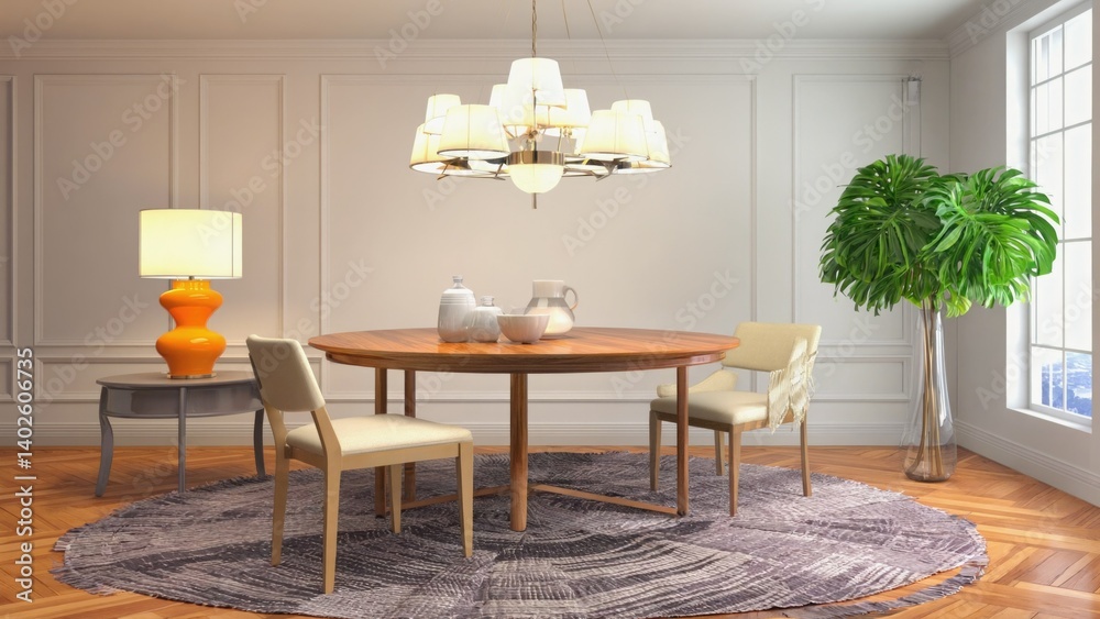 Modern furniture in a stylish setting with chandelier and potted plant.
