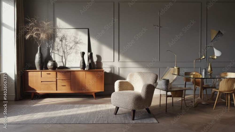 The living room is furnished with modern and vintage pieces. Sunlight fills the space, highlighting the sleek lines of contemporary chairs and a coffee table.