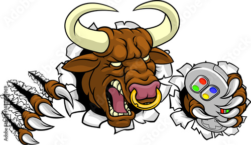 A bull or Minotaur monster longhorn cow angry mean video game gamer mascot cartoon character.