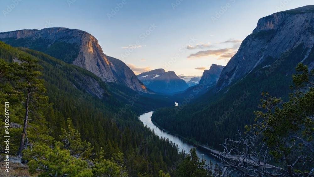 Peaceful forest scene with river and mountains