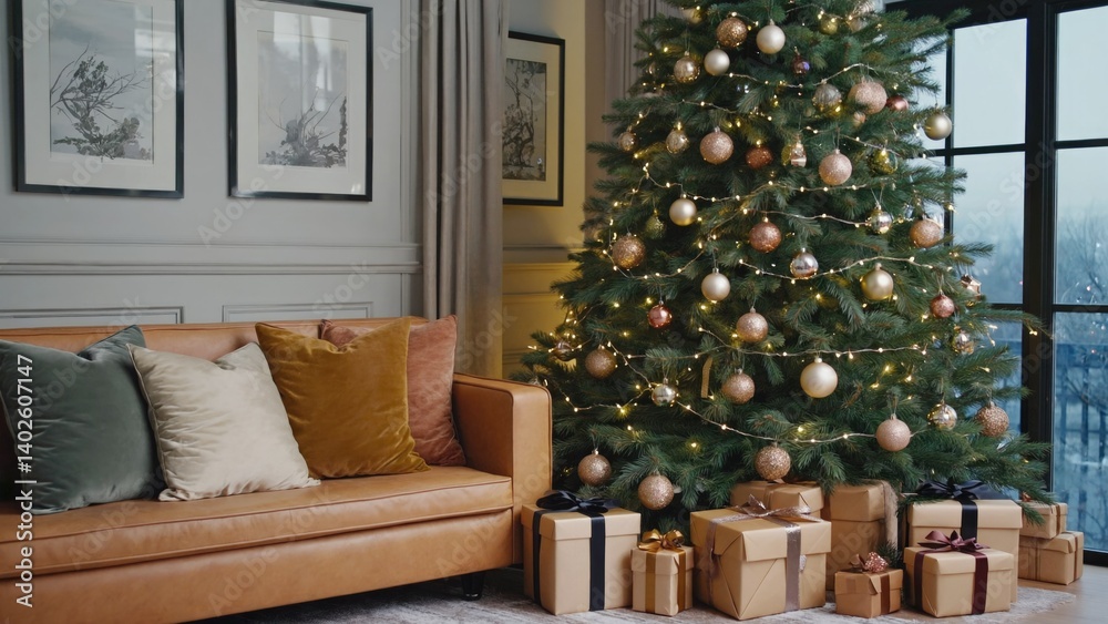 Christmas presents sitting in front of a decorated tree, creating a warm and festive atmosphere for the holiday season.
