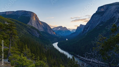 Peaceful forest scene with river and mountains