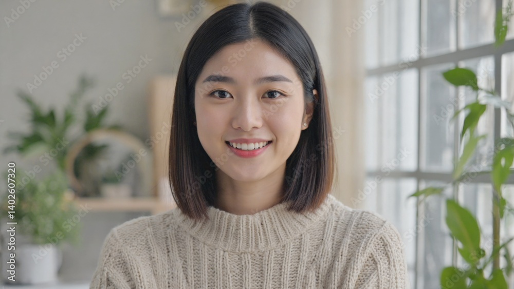 The image features a young woman with a friendly expression, wearing professional attire in an indoor office setting.