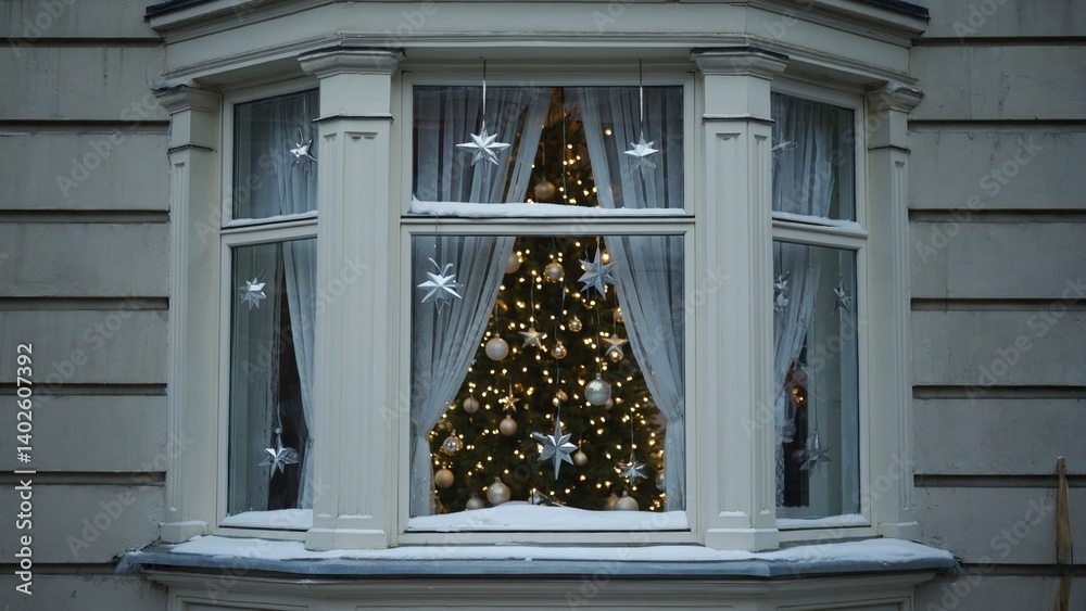 Decorated Christmas tree in window of building
