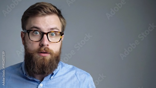 Obraz na płótnie A man with a beard and glasses, wearing casual clothing, expressing surprise or shock. w salonie