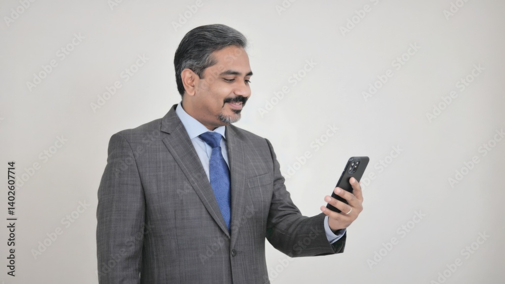 A businessman in a suit looking at his cellphone, representing the use of technology and communication tools in professional settings.