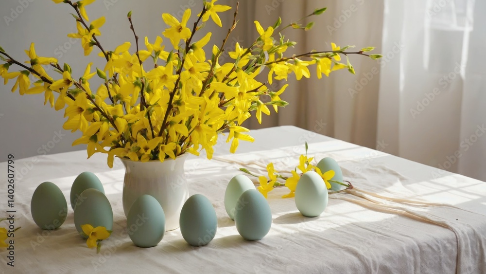 Eight blue bunny eggs in a row on a white tablecloth, with a vase of yellow flowers behind them. A festive and charming Easter or spring decoration.