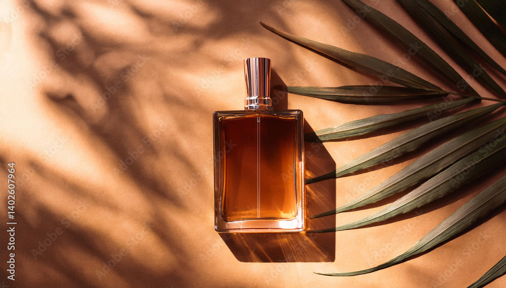 Top View of Elegant Blank Perfume Bottle Mockup with Brown Liquid in a Warm Temperature. Perfume with Leaf Background and Natural Daylight. Top View of Elegant Blank Perfume Bottle Mockup with Brown Liquid in a Warm Temperature. Perfume with Leaf Background and Natural Daylight.