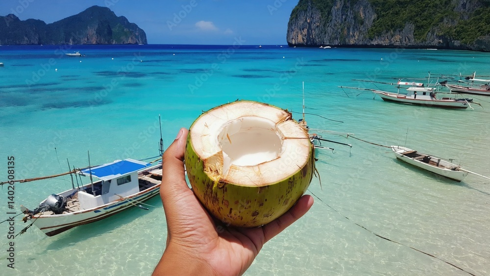Man holding an opened coconut on a sunny beach, with a clear blue sea and multiple boats in the distance.