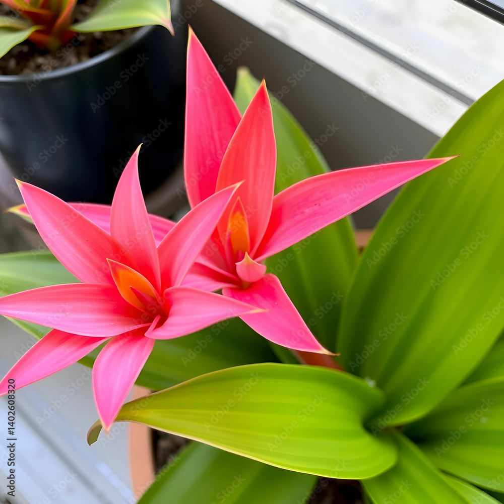 Obraz premium a vibrant pink and orange bromeliad with delicate white background