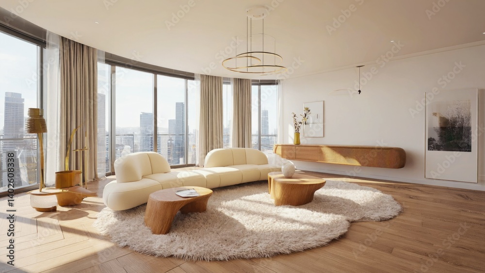 Upscale living room with high ceilings, city views and contemporary design elements.