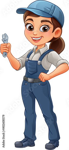 A woman female mechanic, plumber technician or engineer cartoon character mascot holding a wrench or spanner.