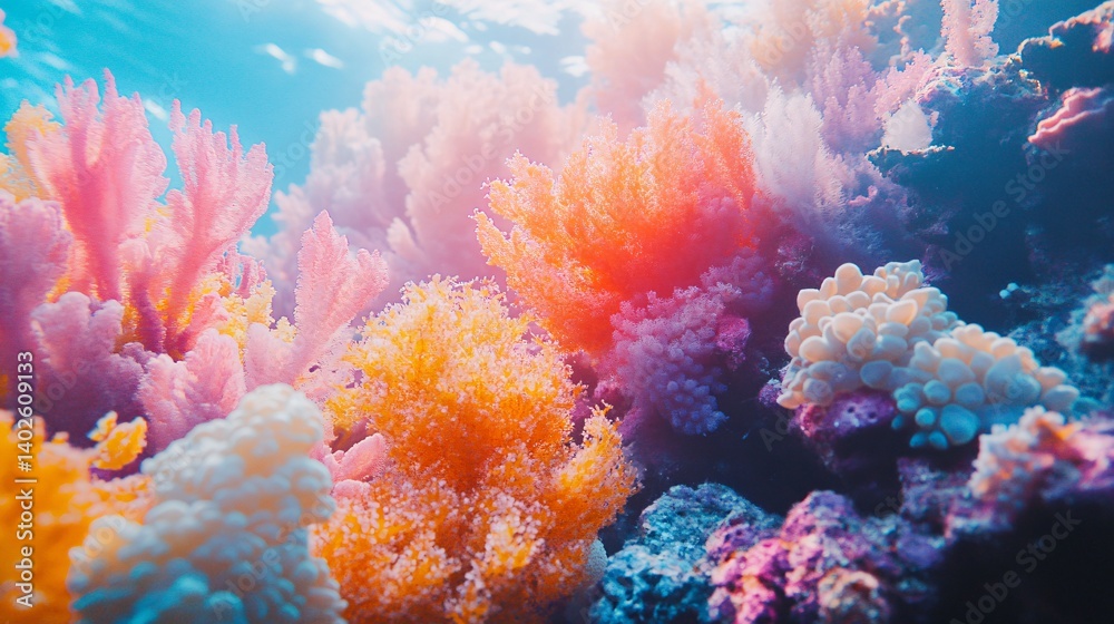 Fototapeta premium Colorful underwater coral reef scene showing vibrant marine life
