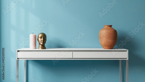 Obraz na płótnie A modern, sleek desk with minimalistic design and contemporary vases on a blue wall for stylish interior decoration. w salonie