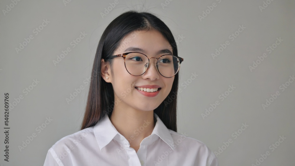 A young, smiling Asian businesswoman wearing glasses and a white shirt in an office setting. Positive and approachable demeanor for corporate or professional contexts.